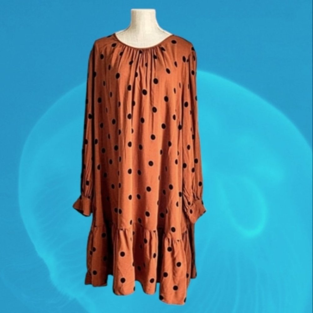 Ava & VIV 2X Orange and black polka dot long sleeve dress 100% rayon